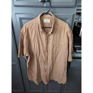 Herringbone Naturals Men Button Up Shirt 2XL Orange Plaid Short Sleeve Cotton